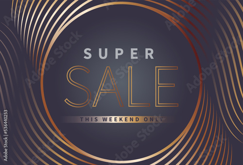 elegant super sale banner on navy blue background with golden thin line patterns