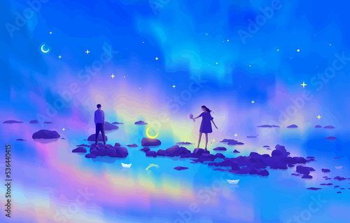 fantasy land of love for couple with sky and ocean anime digital art illustration painting wallpaper © Diganime