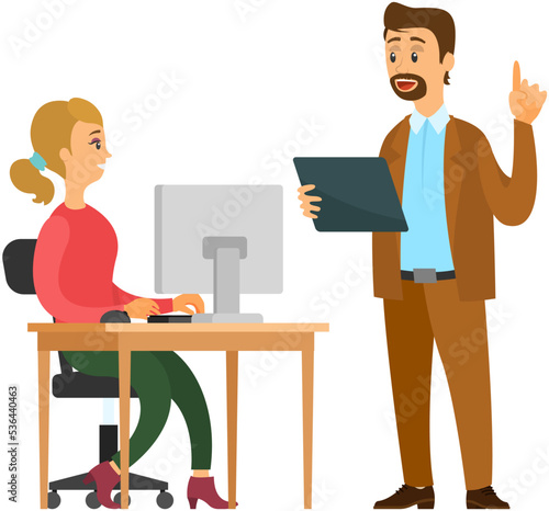 Boss gives instructions to subordinates at workplace, work of department, company. Group of clerks at computer. Managers, colleagues, office workers. Characters busy, people works with laptop