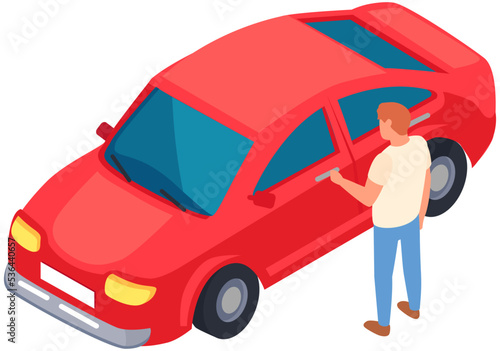 Men standing near red car. Automobile to buy. Purchase of vehicle, making deal concept. Male characters checking transport. Male next to passenger car vector illustration