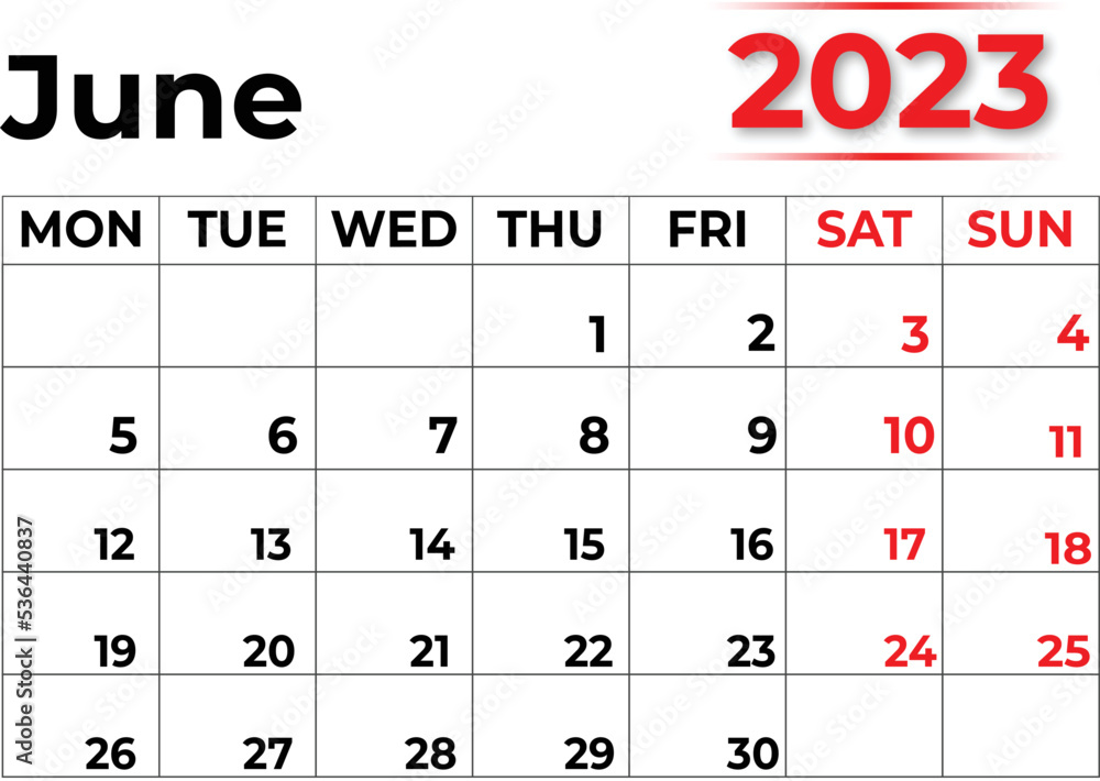 Monthly Calendar June 2023 with Very Clean LOOK