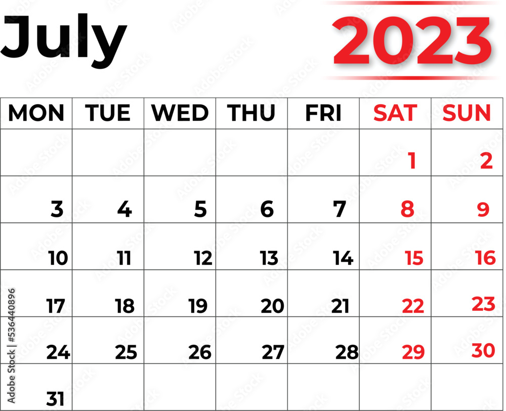 Monthly Calendar July 2023 with Very Clean LOOK Monthly Calendar July 2023 with Very Clean LOOK