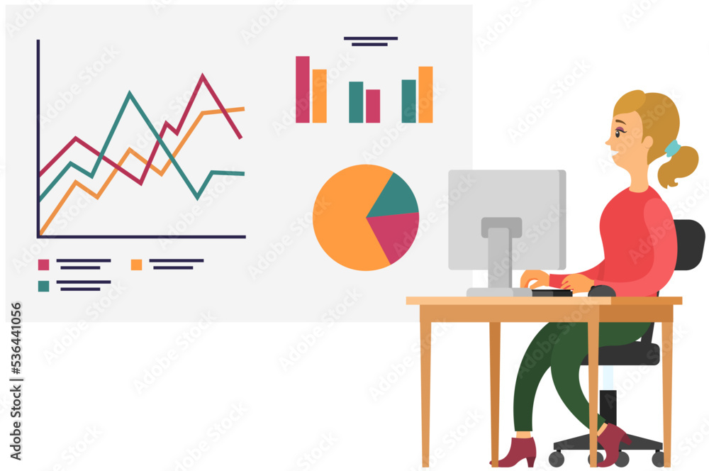 Analytics and development statistics. Web analysis measure, product testing technology. Woman analyses digital report. Statistical indicators and data on diagram. Graphic information visualization