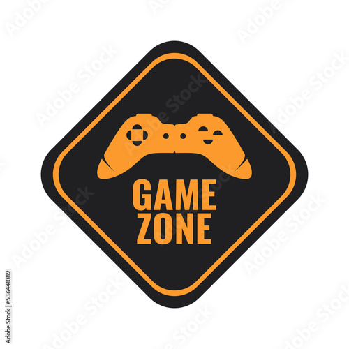 Game Zone metal sign with orange icon and lettering on black board isolated on white background, vector illustration in trendy design style. Suitable and perfect for many purposes.