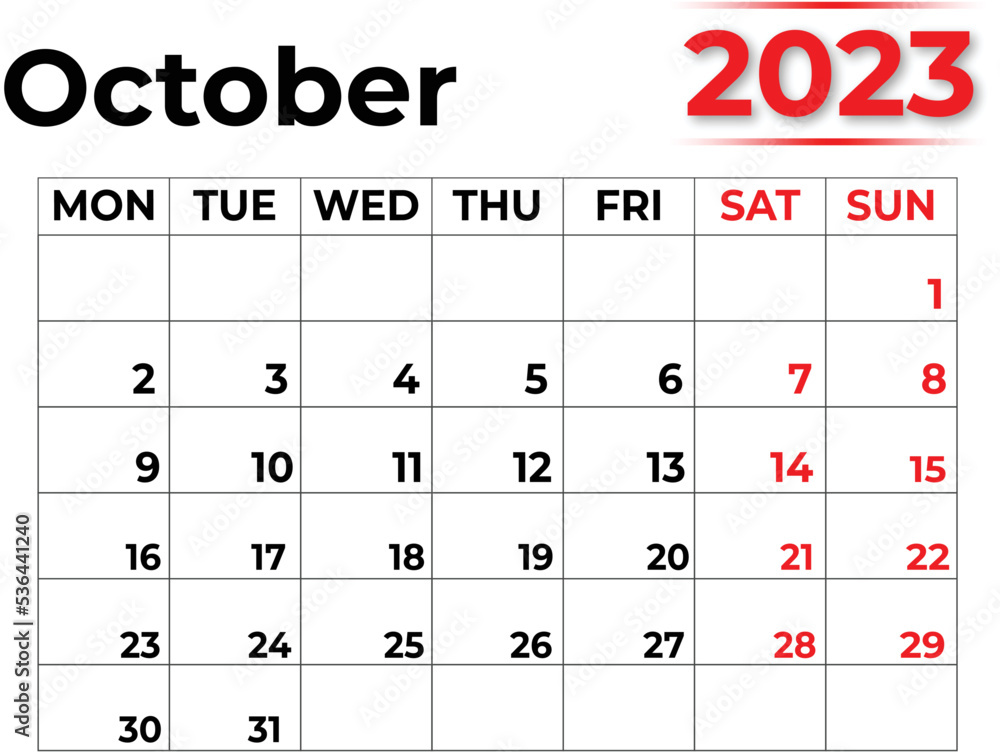 Monthly Calendar October 2023 with Very Clean LOOK Monthly Calendar October 2023 with Very Clean LOOK