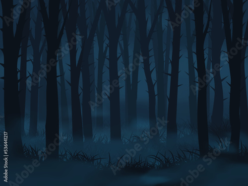 Dark foggy forest landscape. Abstract vector background