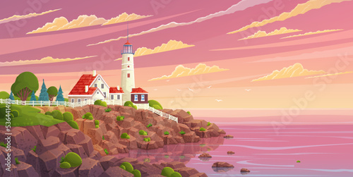 Seacoast with lighthouse and houses at sunset. Landscape of nature with sea or river and buildings. Lighthouse on bank, rocky shore. Beautiful scenic landscape, picturesque scenery with view of beacon