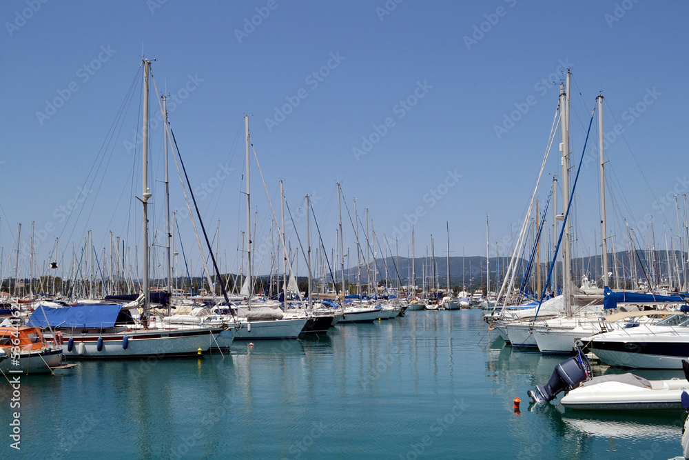 Sail boats inside Gouvia marine in Corfu island.