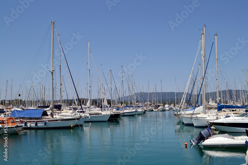 Sail boats inside Gouvia marine in Corfu island.