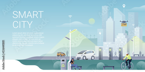 Clean modern illustration of a smart city with public charging stations, street lighting and drone delivery. People walk and use solar and wind energy