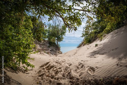 A tree-lined sandy path leads out to Lake Erie at Sand Hill Park near Port Burwell, Ontario.
