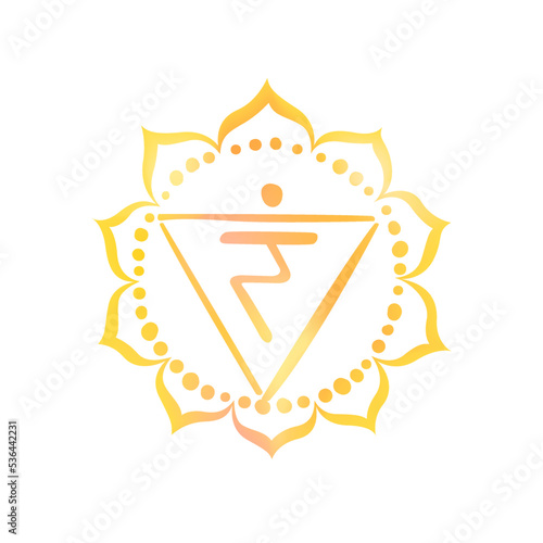 Manipura - the third primary chakra. Adrenal gland in human body. Vector illustration for yoga studio. Symbol  of energy center of human body, used in Ayurveda medicine, Yoga, Reiki (ID: 536442231)