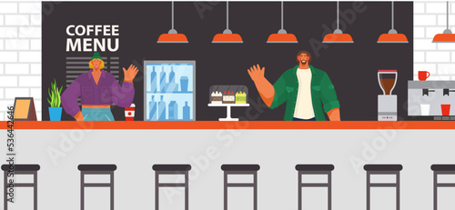 Coffeehouse, coffee shop or cafe with male and female workers, seller in candy store and barista standing at counter. Coffee house interior with professional equipment, coffee machine and cakes