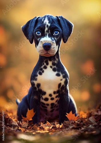3D-Rendered Great Dane puppy playing outside and enjoying the autumn weather. computer-generated image meant to mimic photorealism