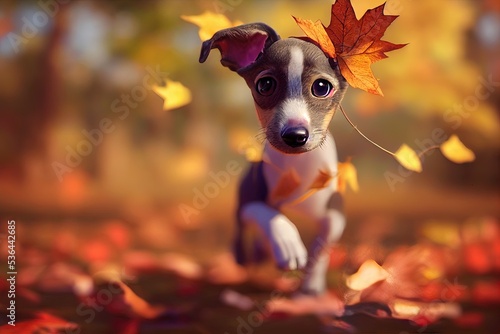 3D-Rendered greyhound puppy playing outside and enjoying the autumn weather. computer-generated image meant to mimic photorealism