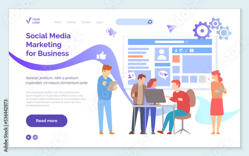 Social media marketing for business web page template. Increase followers with successful marketing strategies: people confer about likes and reactions to social media profile on business page
