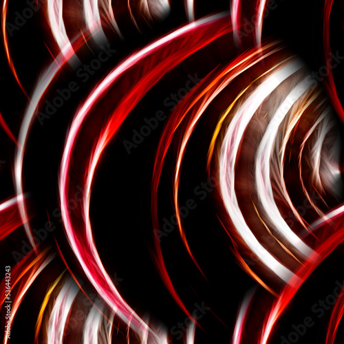 Black seamless abstraction with light rounded lines. Dark glossy surface. Dark texture with white and red smoke. 