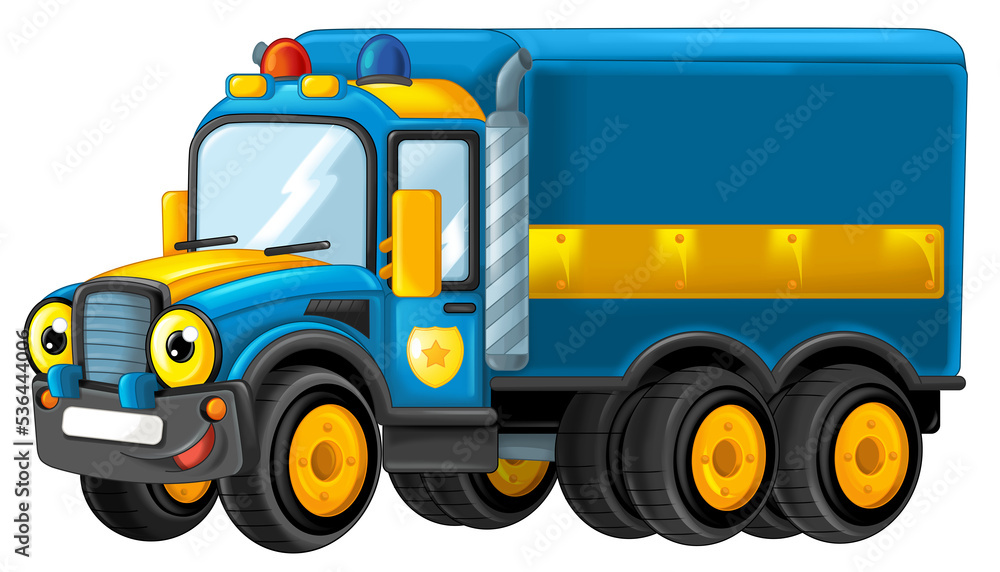 cartoon happy and funny off road police car truck isolated illustration for children