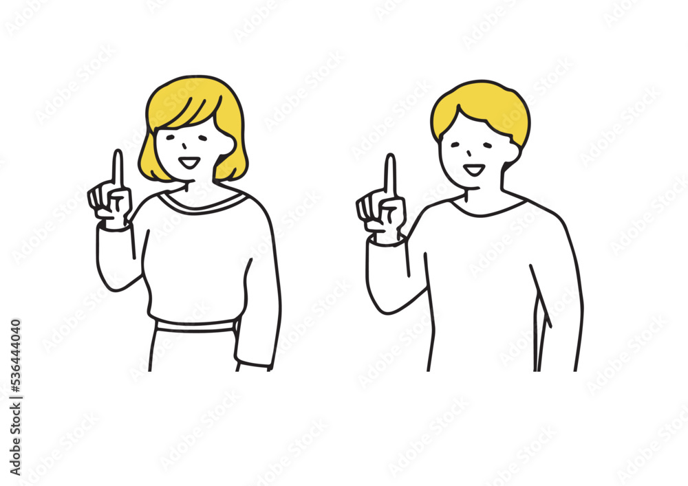 人差し指を立てる男女のイラスト　シンプルな線の人物イラスト