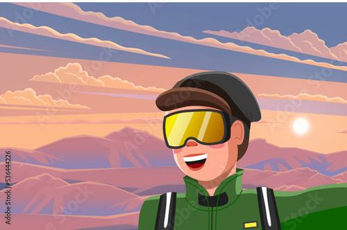 Man in sunglasses with backpack, traveller or explorer standing on top of mountain or cliff and looking on valley on sunset. Concept of discovery, exploration, hiking, adventure tourism and travel