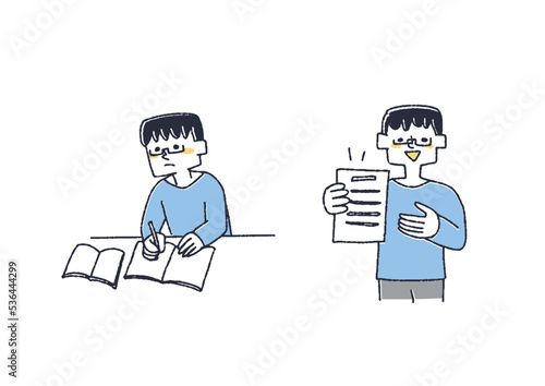 資格取得に関するイラストのセット　勉強をし、合格した男性