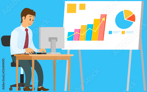 Analytics information and development statistics. Web analysis measure, product testing technology. Man analyses dashboard seo optimization, digital report. Statistical indicators and data on diagram