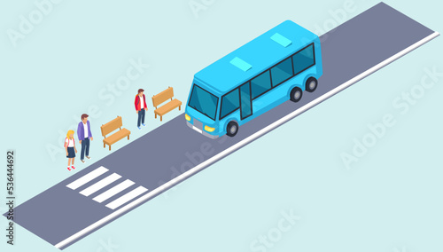 Vehicle near bus stop with passengers. Driver of auto stops in front of crosswalk. Blue bus for transporting people around town. Urban public transport next to pedestrian crossing on street
