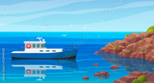 Motor boat sailing along seashore. Traveling on sea tug by sea concept. Sailboat, modern tug on open ocean vector illustration. Motor boat on water in sunny day. Beautiful scenery on ocean and ship