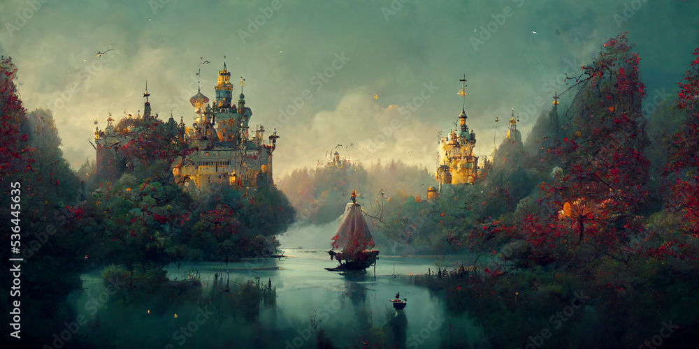 View through a beautiful enchanting fairy tale woodland onto a castle and a sailing ship, 3d render. - obrazy, fototapety, plakaty 