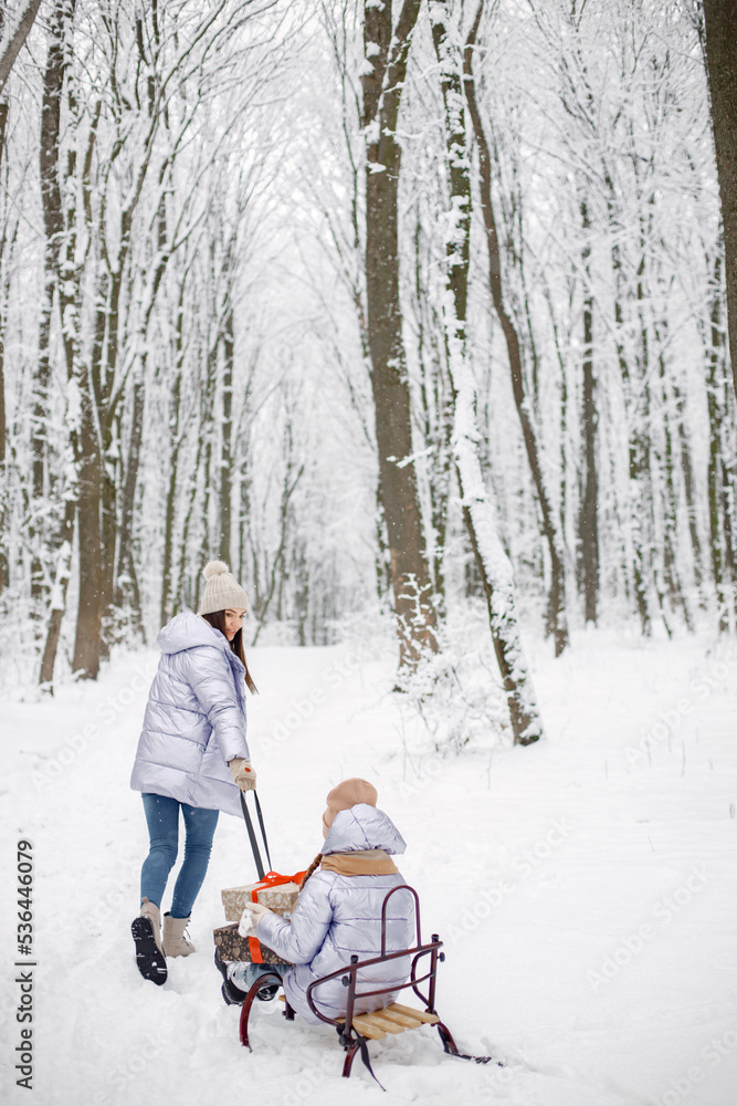 Brunette mother and and her daughter riding a sled in winter forest