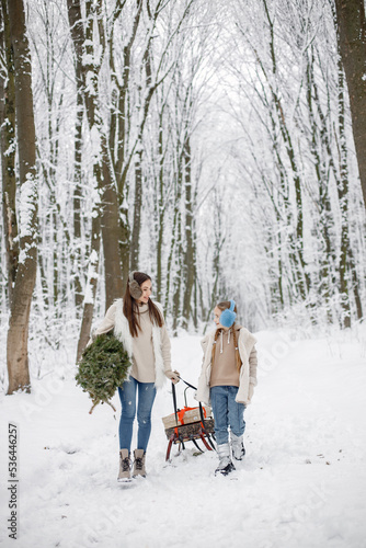 Brunette mother and and her daughter standing near a sled in winter forest