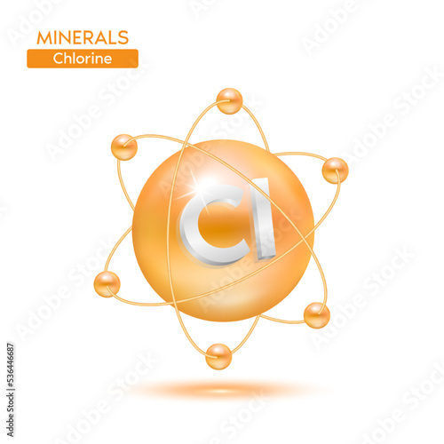 Minerals Chlorine atom surrounded by electrons orange. Icon 3D isolated on a white background. Medical scientific concepts. 3D Vector EPS10 illustration.