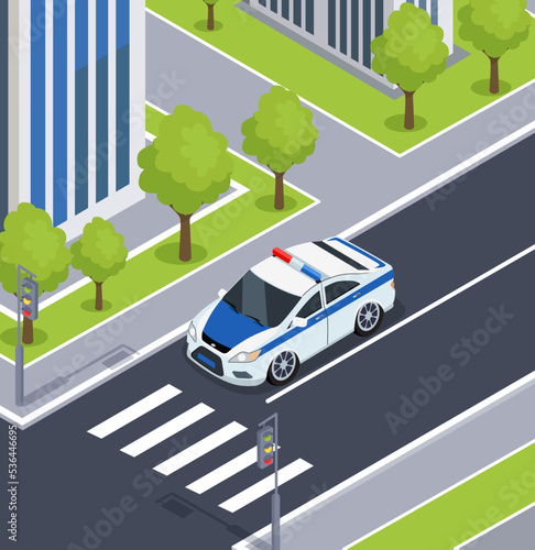 Police transport moves along roads of city. Modern cityscape with emergency car near pedestrian crossing. Vehicle for transporting detainees and policemen. Police automobile driving on highway of town