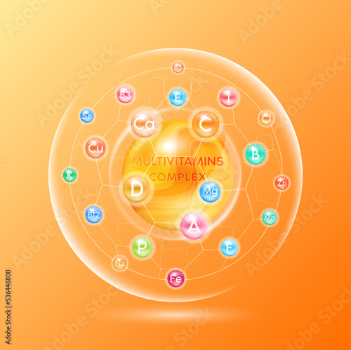 Vitamins minerals complex. Multivitamins capsules isolated on orange background. Dietary supplement for pharmacy clinic advertisement package design. Science medic concept. 3D vector EPS10.