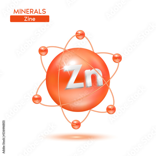 Minerals zinc atom surrounded by electrons orange. Icon 3D isolated on a white background. Medical scientific concepts. 3D Vector EPS10 illustration.