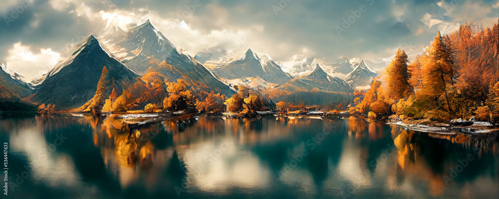 Mountain panorama of a beautiful alpine autumn view with reflections in a  lake. Mountain landscape, lake and mountain range, large panorama. 3d  render Stock Illustration