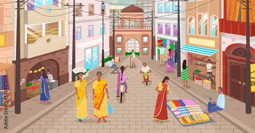 Indian market with people and different shops with ancient cityscape at background. Ceramics, fabrics, carteps, spices, sweets, vegetables. Asian characters, oriental bazaar, authentic marketplace
