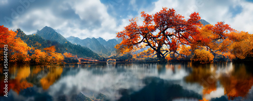 Mountain panorama of a beautiful alpine autumn view with reflections in a lake. Mountain landscape, lake and mountain range, large panorama. 3d render
 photo