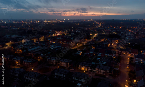 Aerial view over the Flemish town of Baasrode (in Dendermonde municipality), at nightfall