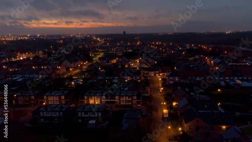 Aerial view over the Flemish town of Baasrode  in Dendermonde municipality   at nightfall