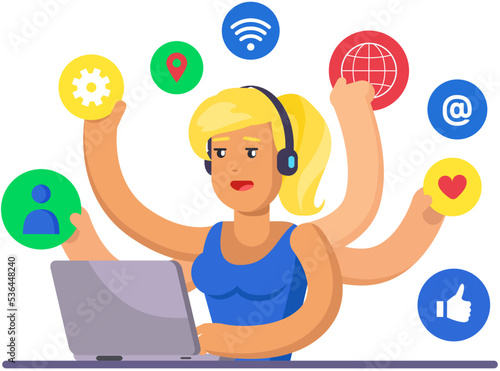 Woman doing simultaneously many tasks. Female employee trying to deal with deadlines. Overworking, overload at work, time management, planning concept. Lady with many hands coping with multitasking