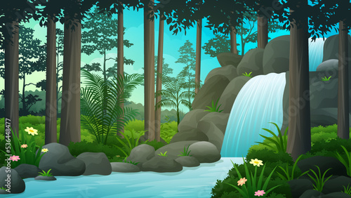 Beautiful waterfall scenery in tropical forest nature landscape vector illustration