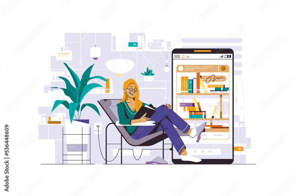 Cute woman enjoying book reading near the screen of phone Cute woman enjoying book reading near the screen of phone