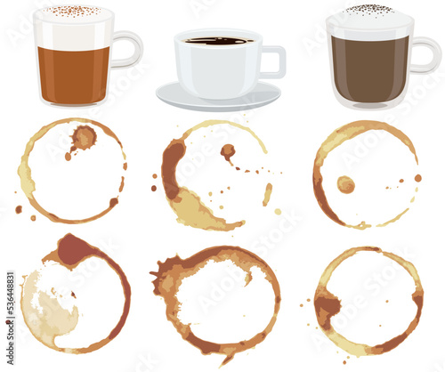 Coffee or tea stain, splashes and drops near cup of hot drink. High quality abstract texture for menu, bar, cafe, restaurant. Ink, paint or other liquid stain and mug with cappuccino coffee
