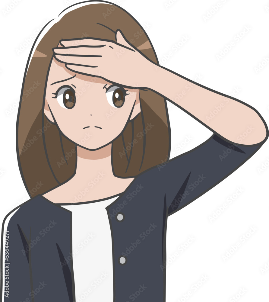 額に手をあてる女性 額に手をあてる女性