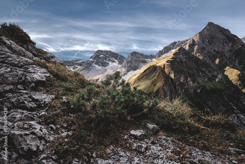 Alpen Berg Fels Gewächs Gipfel Bergspitze Panorama Bergpanorama Alpen Alpenpanorama Weg Pfad steiniger Weg landschaft himmel natur blauer Himmel klar hintergrund rau