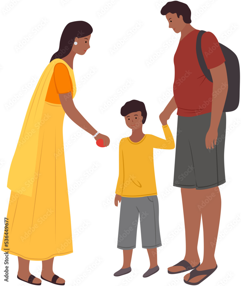 Mom and dad holding boys hand. Family walking together scene. Parents and children, outdoor activity concept. Vector isolated people characters outdoors. Family leisure. Man and woman stands with son