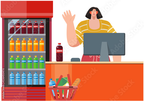 Supermarket store counter desk equipment and clerk in uniform sells products, grocery purchases. Sales employee working with customers in store or technology department. Happy woman waving hand