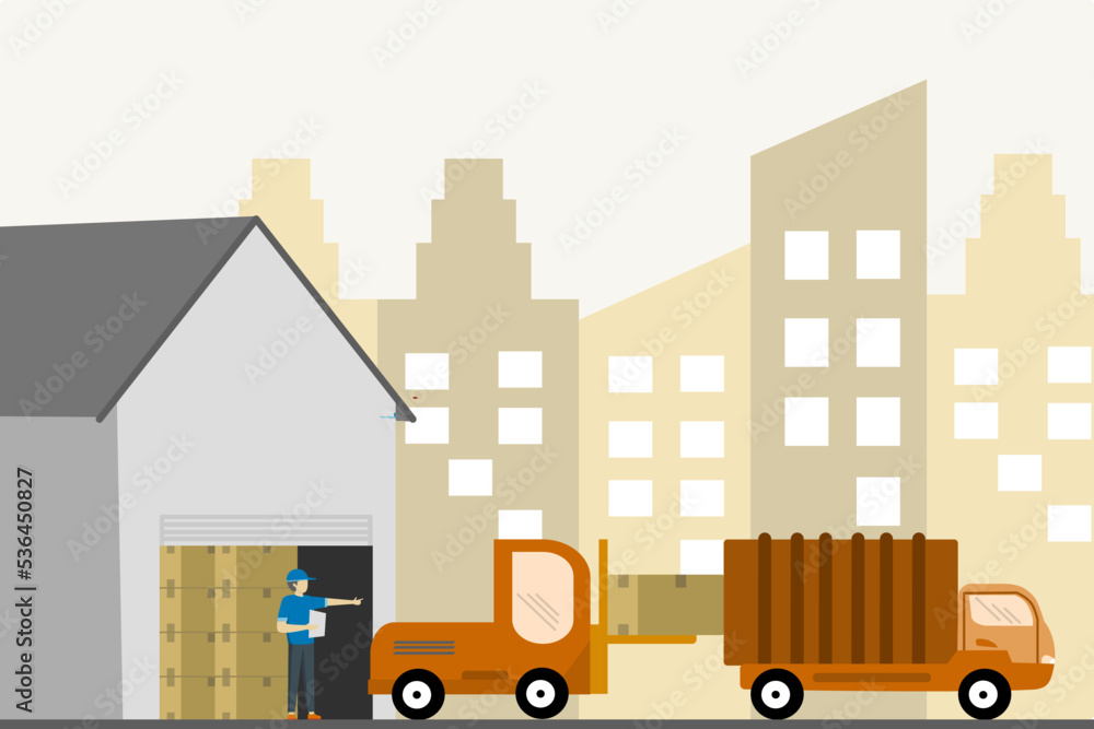 forklift box truck for placing delivery cars. storage services, Warehouse Equipment, cargo delivery. Vector illustration