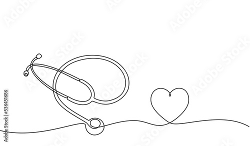 Continuous line drawing of medical health concept. Medical Stethoscope concept in doodle style. Stethoscope detecting heart isolated on transparent background.